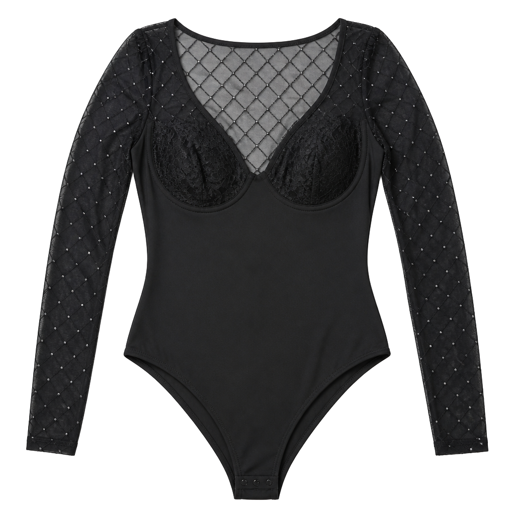 CBR Black Long Sleeve Bodysuit with Mesh and Lace 1