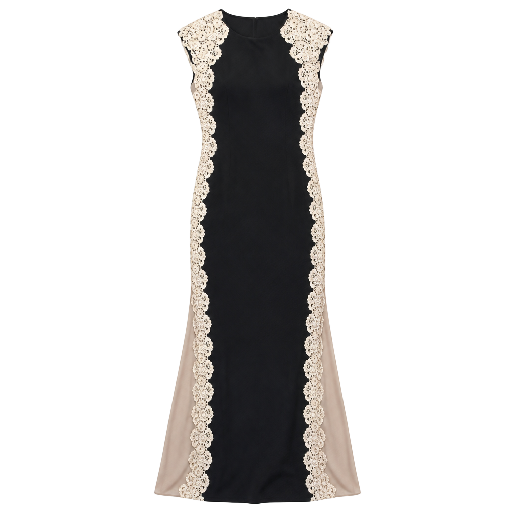 Avery G Black Bodycon Cocktail Dress with Creamy Gold Lace Accents, Size 8 1