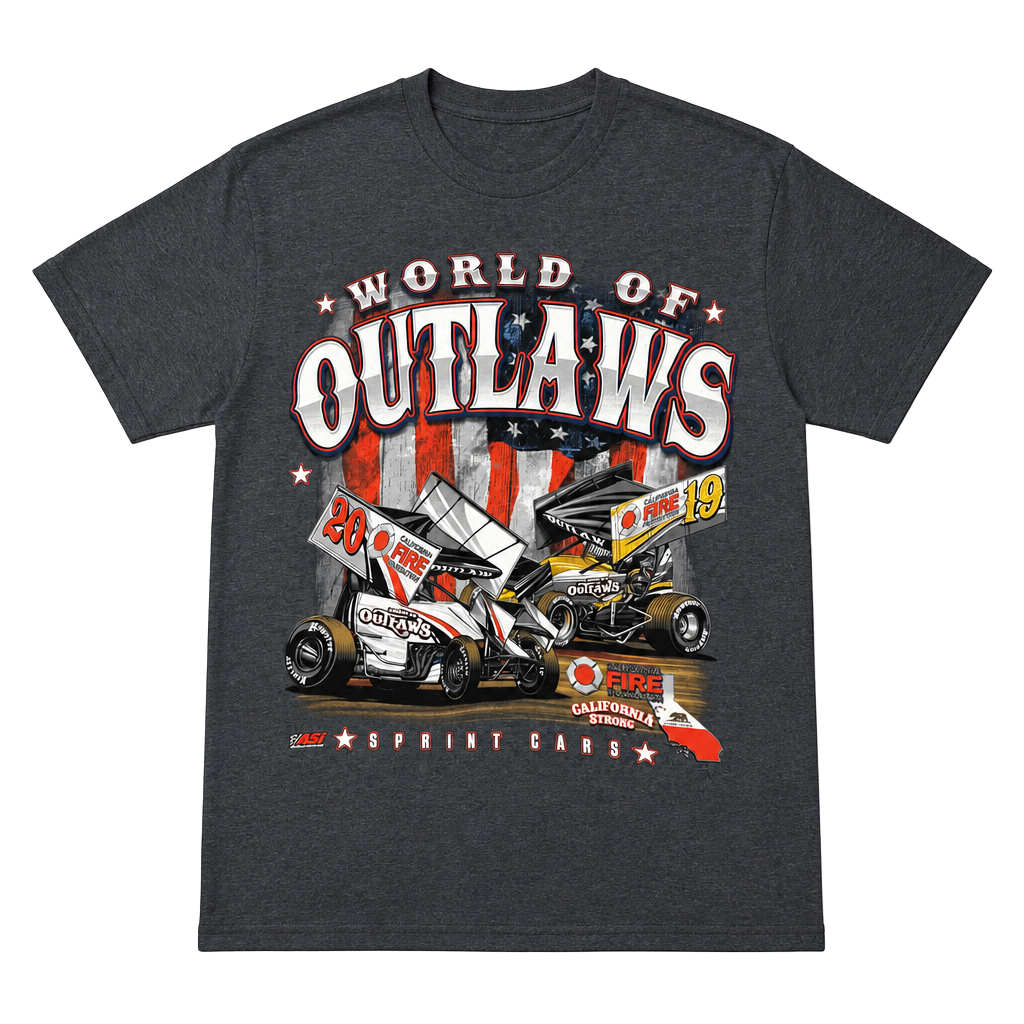 Gildan World of Outlaws California Fire Relief Tour Cars Graphic T-Shirt Medium 1