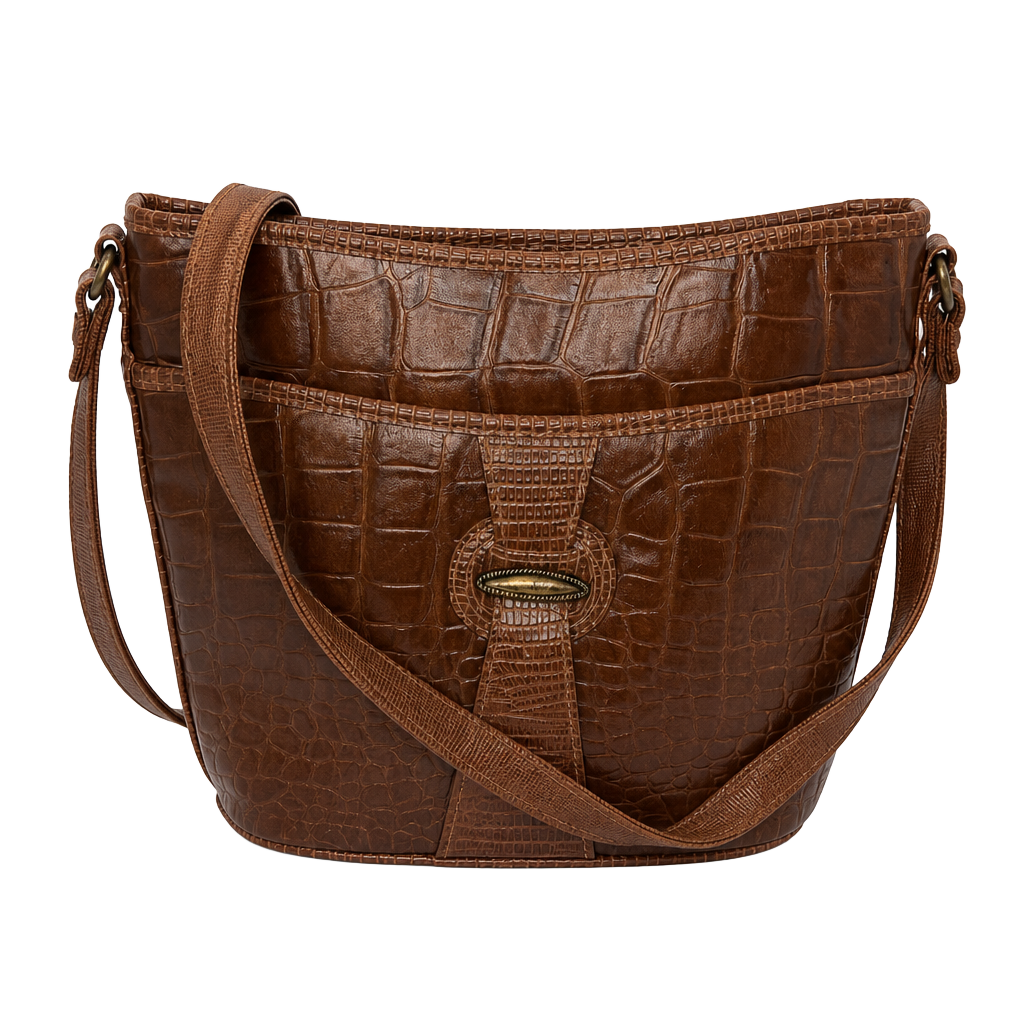 Vintage Brown Embossed Croc Faux Leather Crossbody Shoulder Bag 1