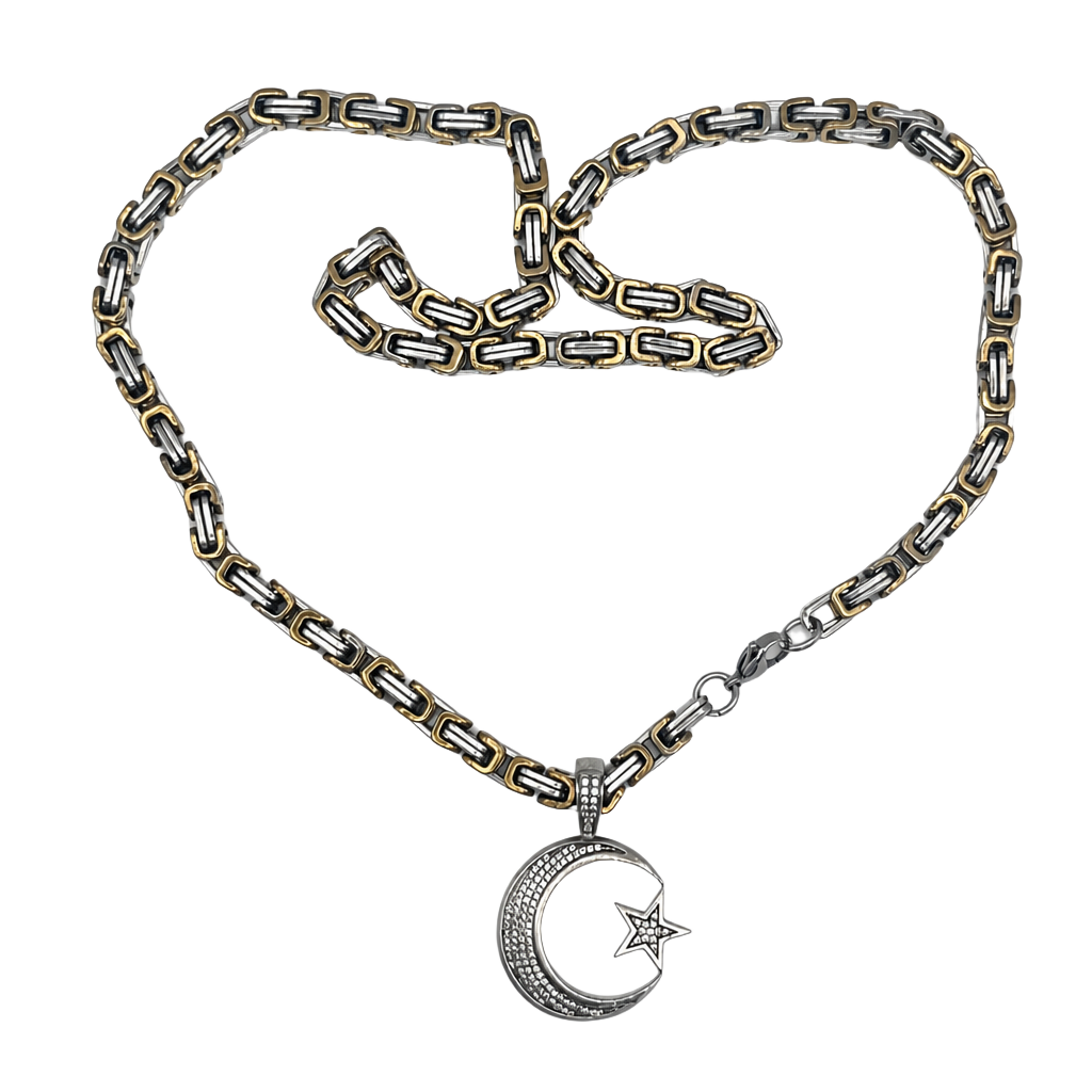Crescent Moon Star Celestial Stainless Steel Pendant Necklace Byzantine 1