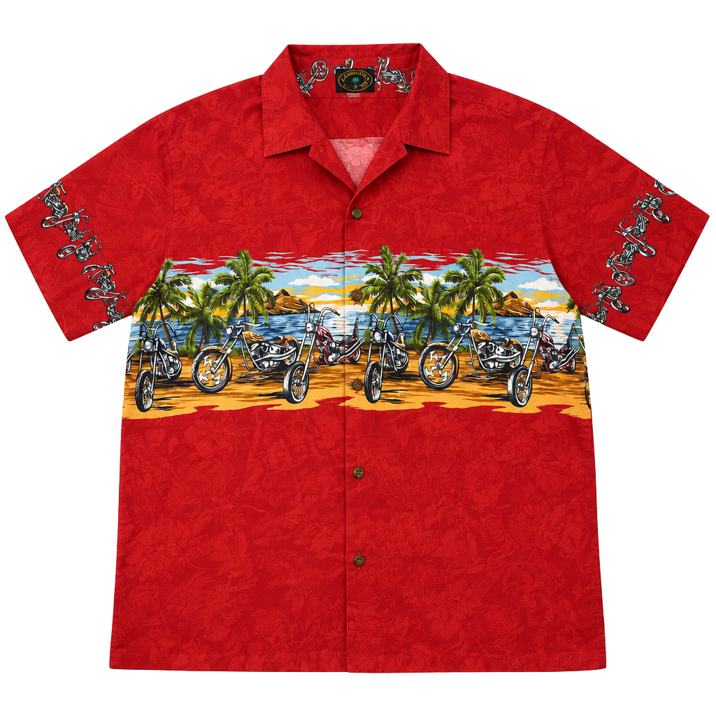 Hawaiian Reserve Collection Hawaiian Shirt Red Motorcycle Beach Palms 1