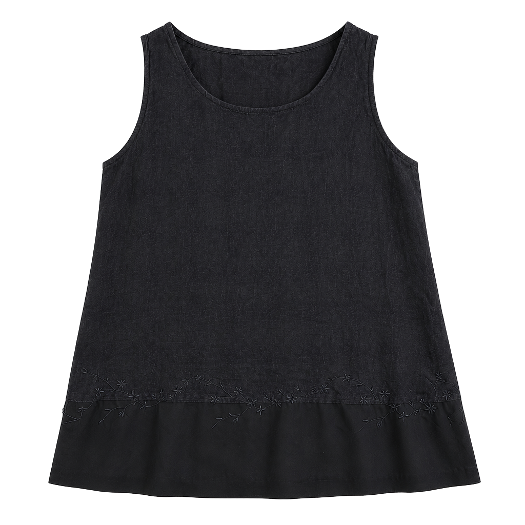 Vintage AGB Sleeveless Tank Top Size L Black Linen Rayon Embroidered Hem 1