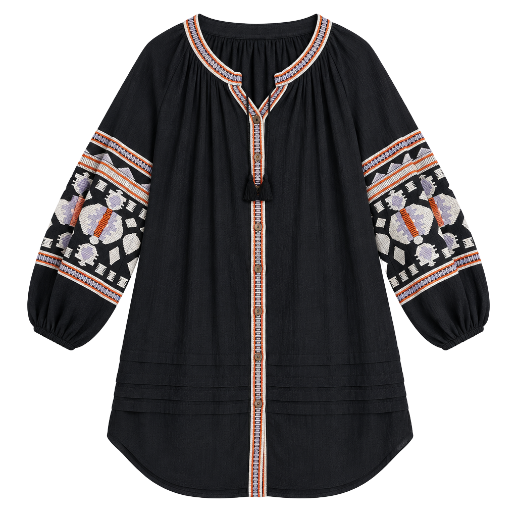 Free People Dress Size S Black Embroidered Boho Kaftan Tunic 1