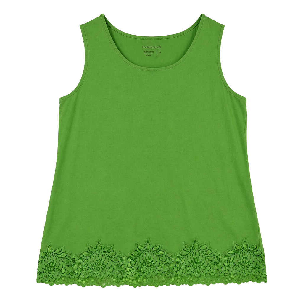 Coldwater Creek Tank Top Size M Green Lace Hem Cotton Spandex 1