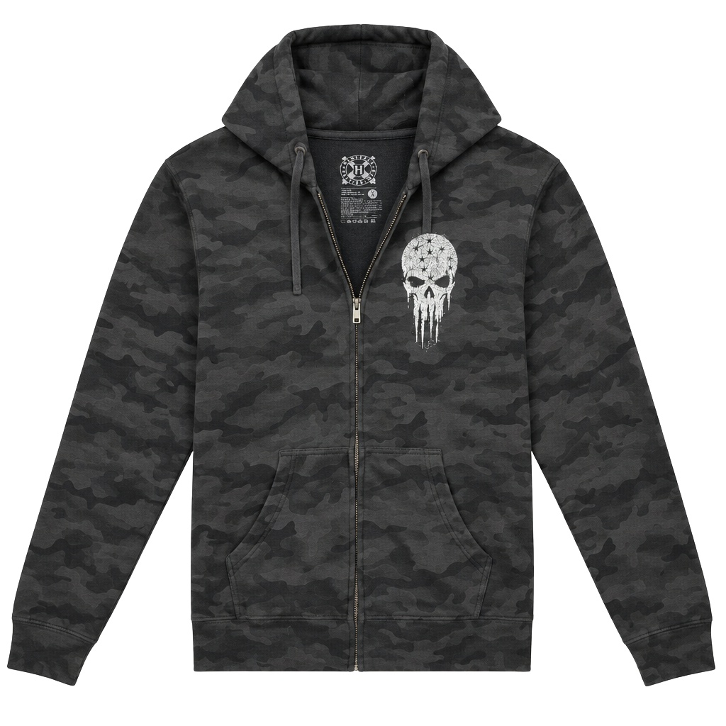 Y2K vintage Howitzer Zip Up Hoodie Size L Black Camo Patriot Skull 1