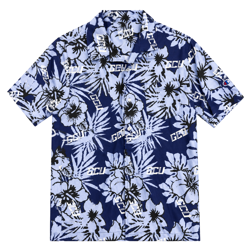 Champion Ultrafuse GCU Floral Button Down Shirt Size S Blue Hawaiian 1