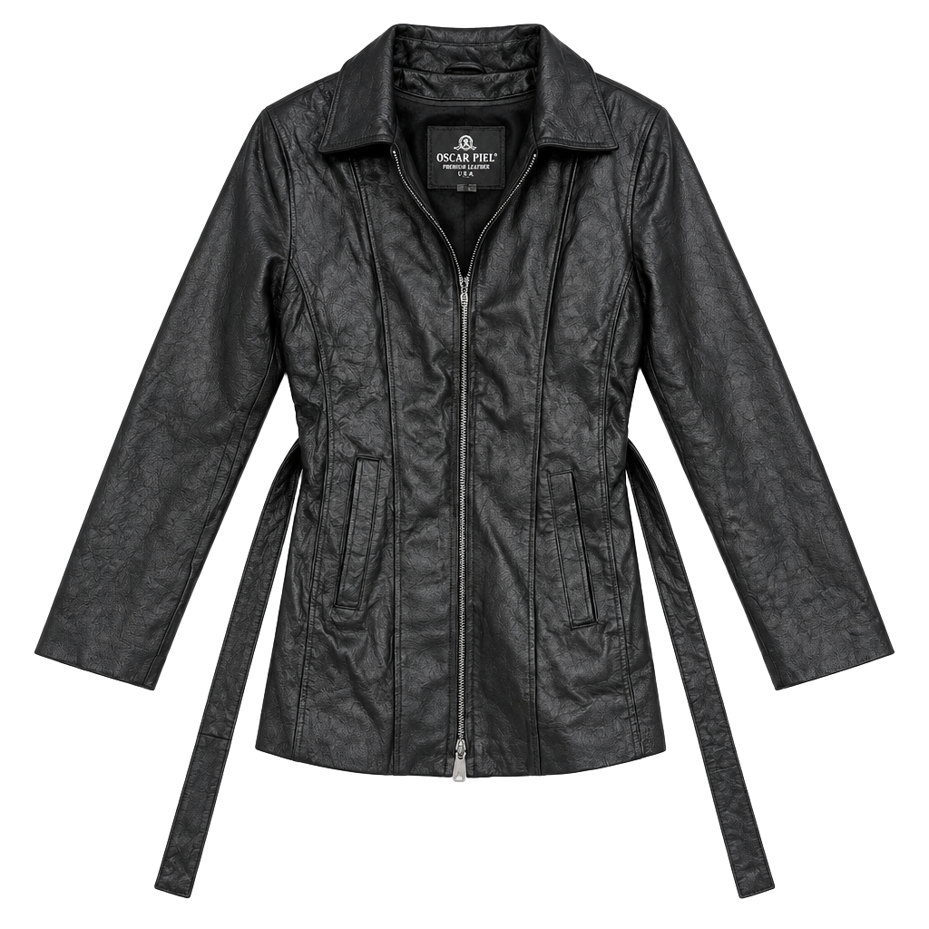 Vintage Oscar Piel Leather Jacket Size M Black Faux Fur Lined Belted Coat 1