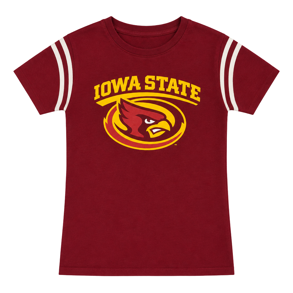 Woman Champion Iowa State University T-Shirt Red Graphic Striped Sleeves 1