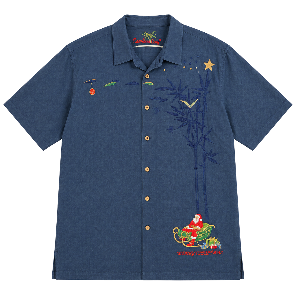 Bamboo Cay Christmas Shirt Size 3XL Blue Embroidered Santa Sleigh Camp 1