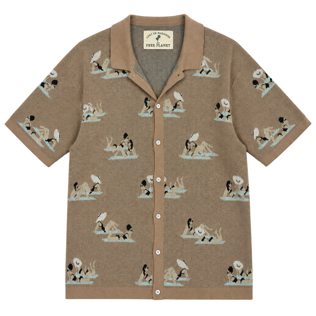 Free Planet Lost In Paradise Knit Polo Shirt Size XL Tan Graphic Graphic 1