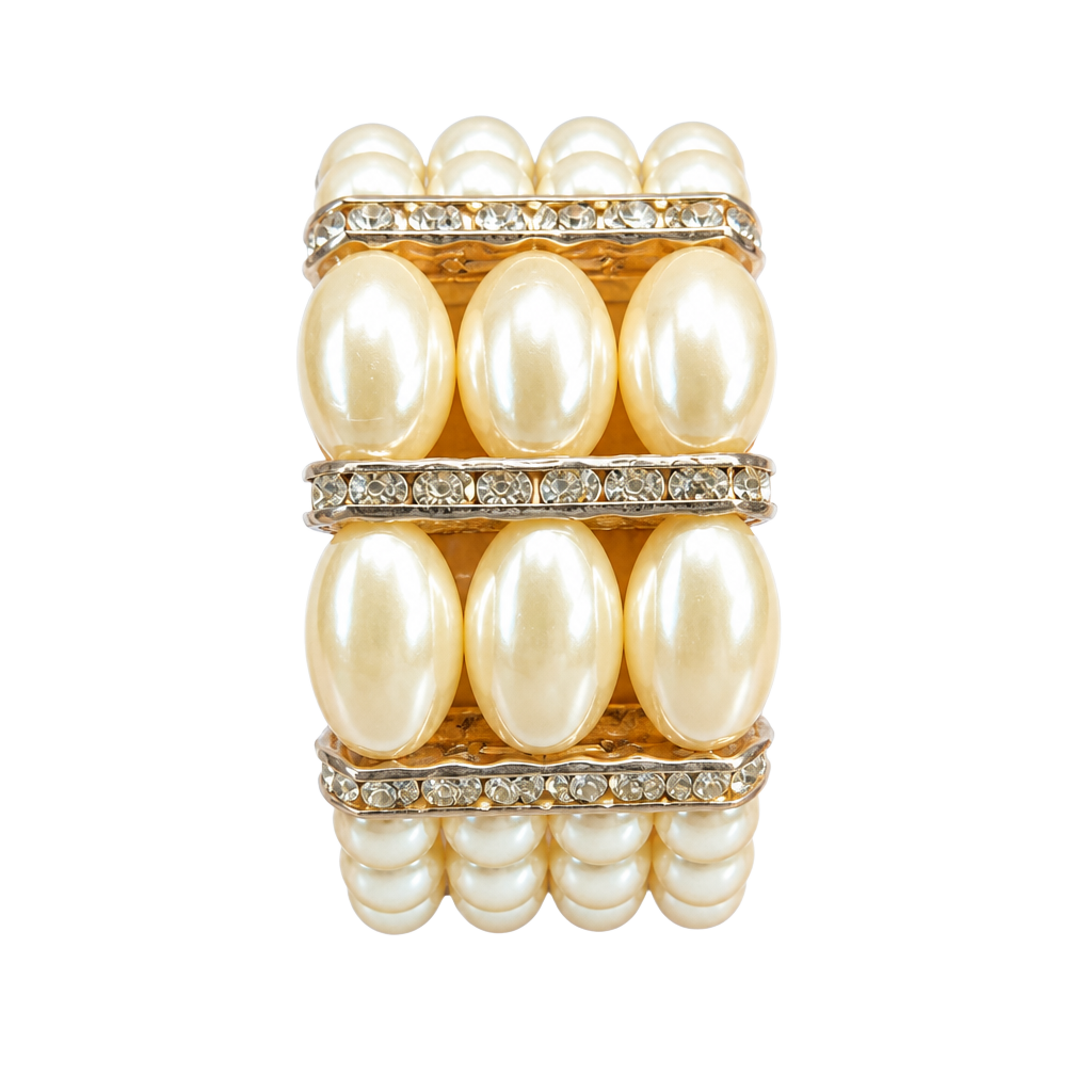 4 Strand White Faux Pearl & Crystal Bracelet Wedding Wide 1