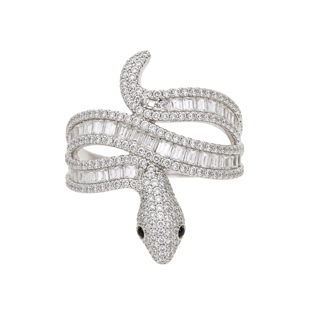 Sterling Silver Baguette & Round CZ Snake Wrap Ring with Green Eyes 1