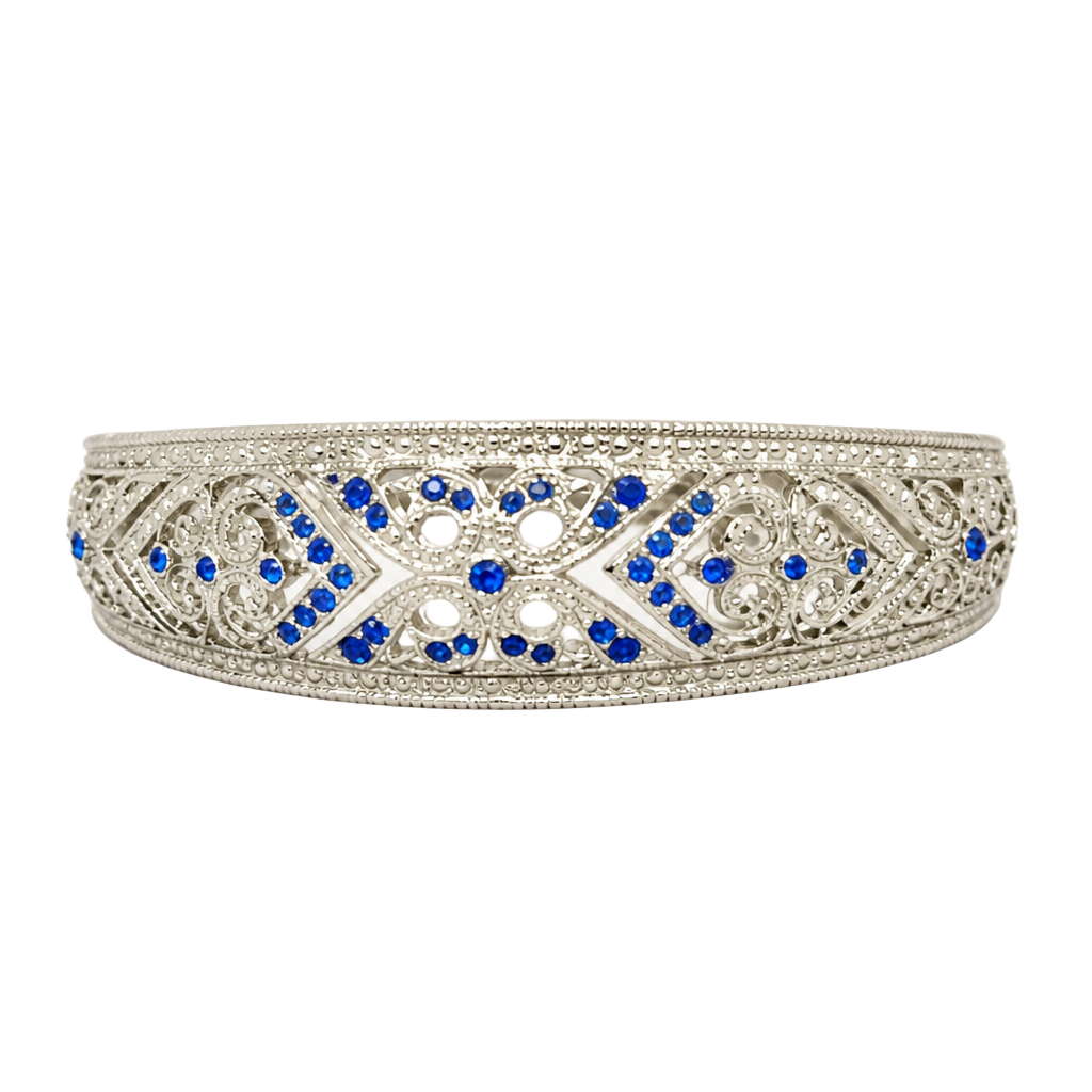 Vtg 925 silver hinged bangle Bracelet sapphire & diamonds, stamped 7.25” Lot 335 1