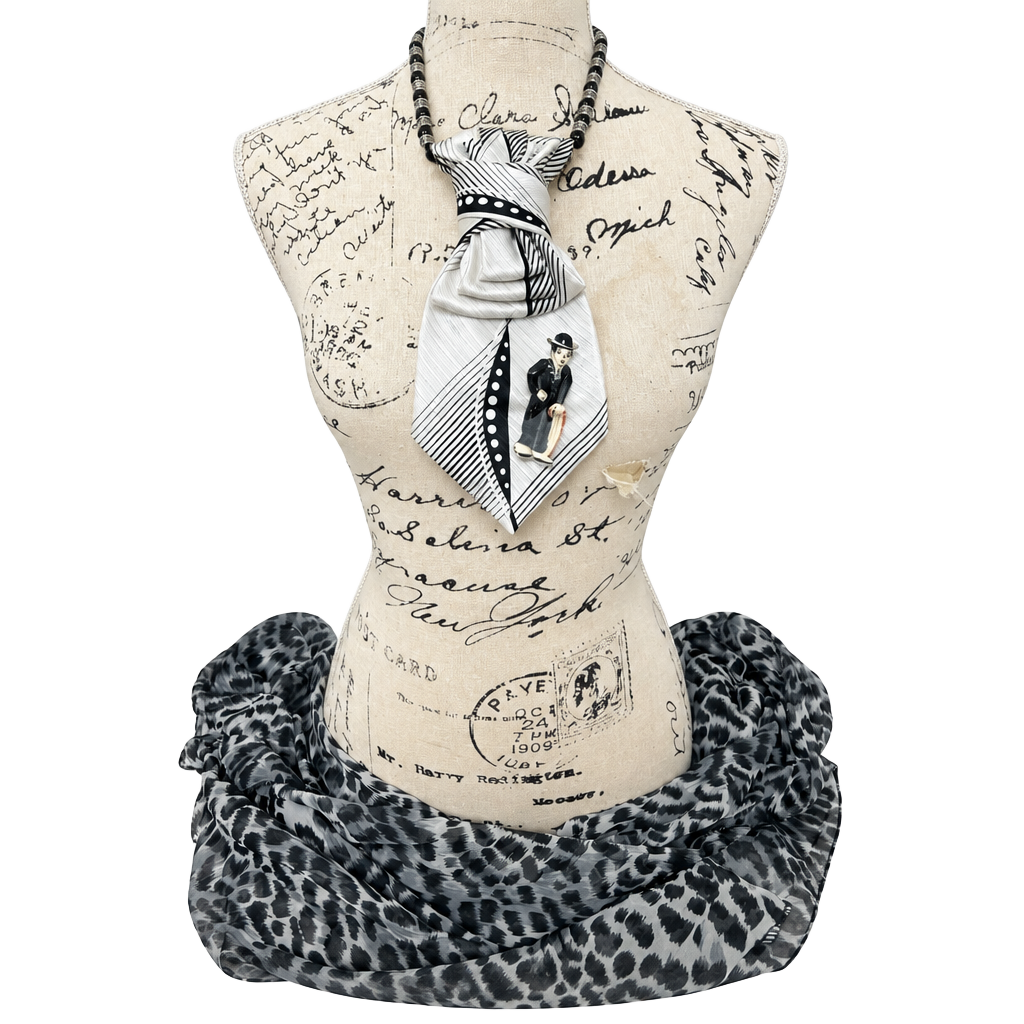 Upcycled Silk Tie Necklace Charlie Chaplin Brooch 1