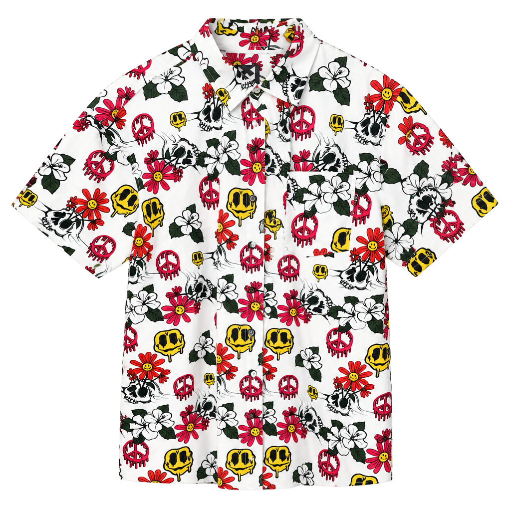 WXYZ Medium Skull Peace Smiley Short Sleeve Button Down Shirt 1