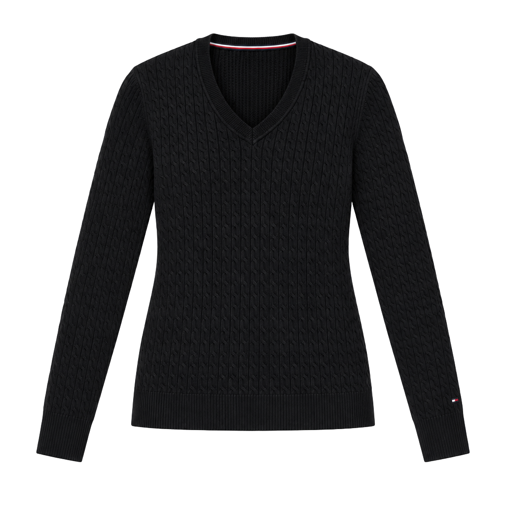 Tommy Hilfiger V-Neck Cable Knit Sweater Size L Black Pima Cotton 1