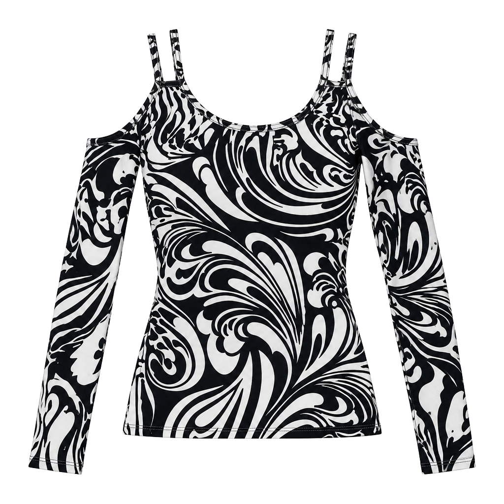 Michael Kors Black and White Swirl Print Cold Shoulder Long Sleeve Top 1