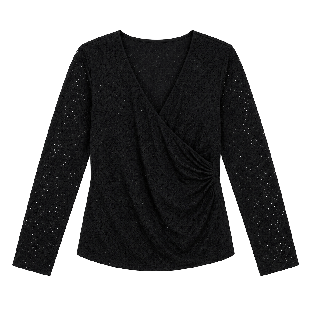Jones New York Black Lace Wrap Top Size L Long Sleeve V-Neck 1