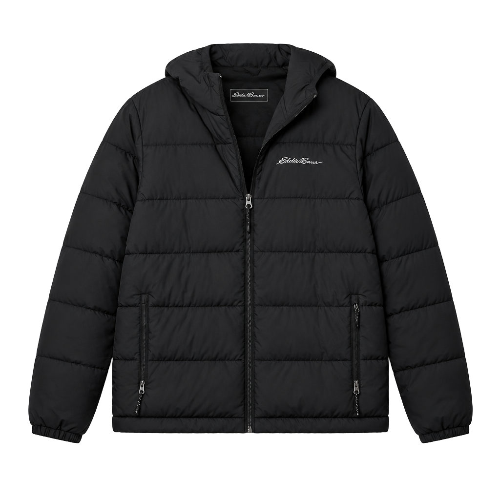 Eddie Bauer Black Puffer Jacket Hooded Zip Front 1