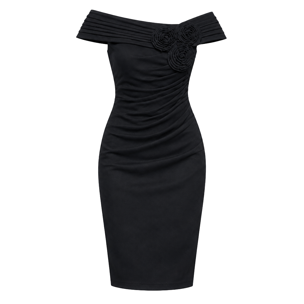 Adrianna Papell Black Off-The-Shoulder Ruched Sheath Dress with Rosette Details 1