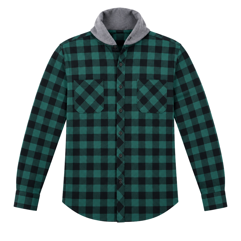 Hooded Flannel Shirt Size L Green Black Buffalo Plaid Button Up 1