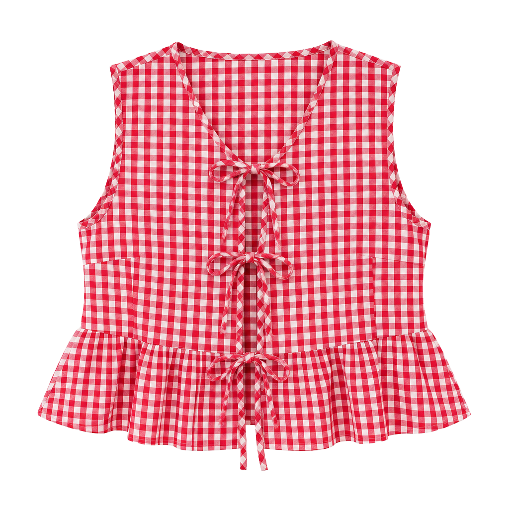 Verdusa Gingham Tie Front Peplum Top Size 8/10 Red White Sleeveless Blouse 1