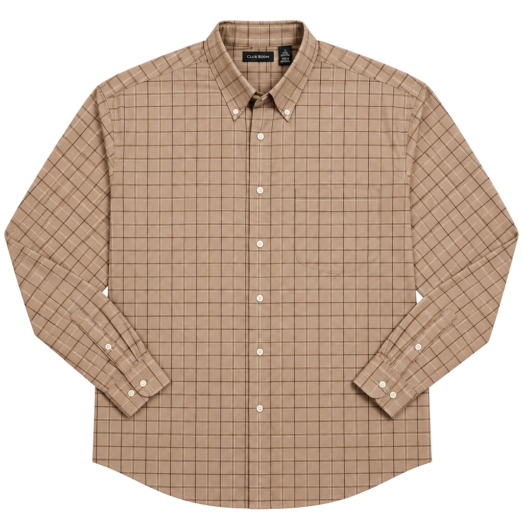 Van Heusen Plaid Button Down Shirt XL Tan Long Sleeve 1