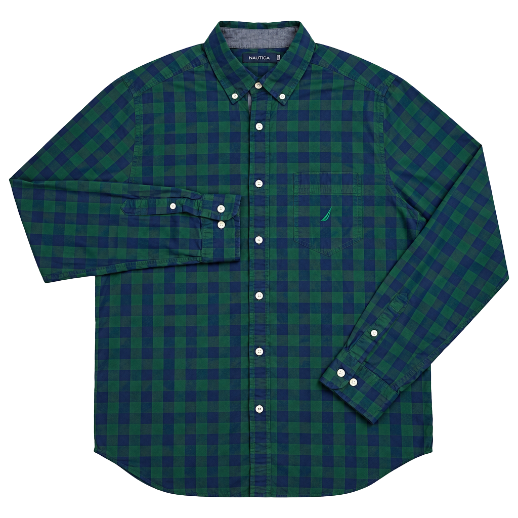 Nautica Plaid Button Down Shirt Size M Green Blue Long Sleeve 1