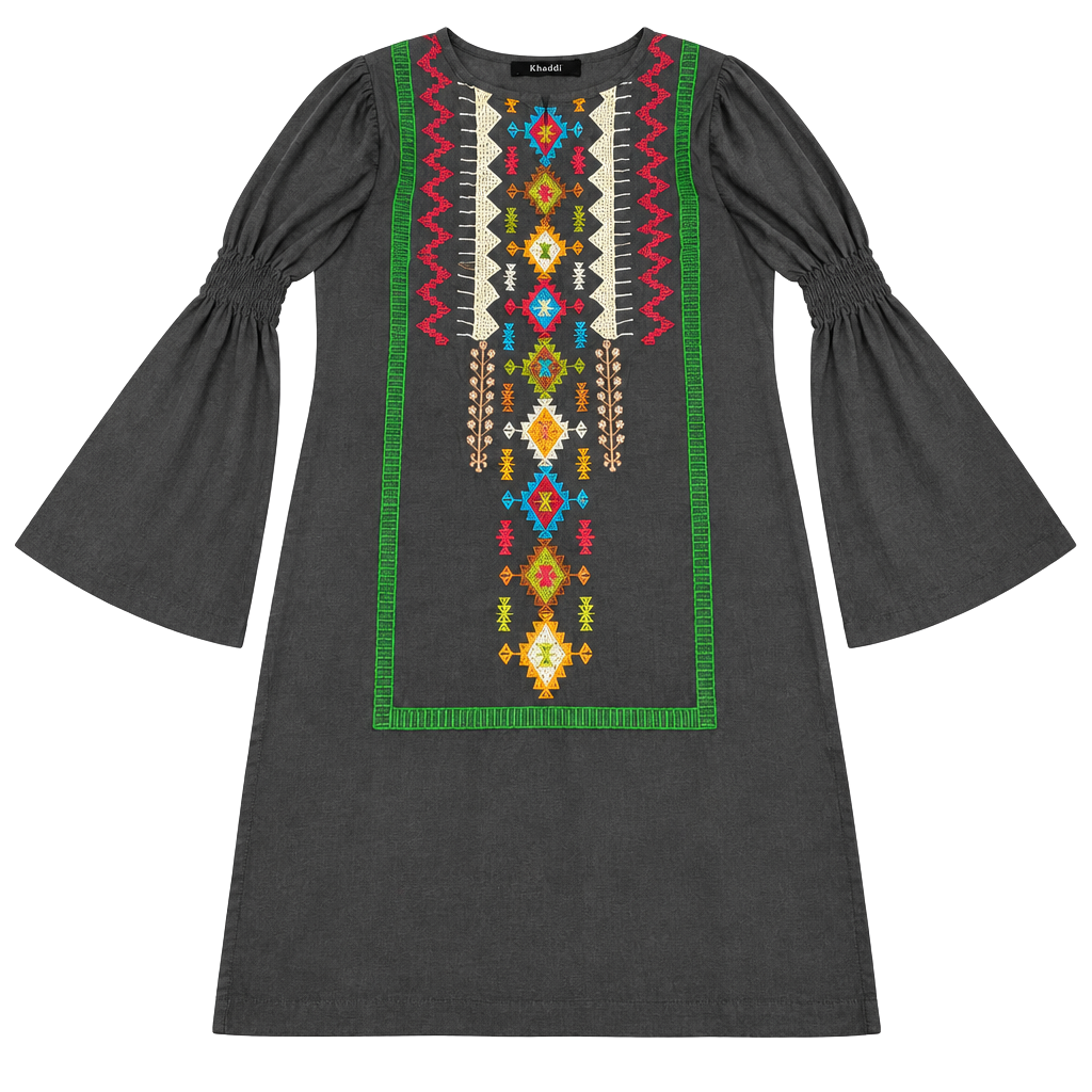 Khaadi Embroidered Tunic Size 8 Gray Long Sleeve Boho Dress 1