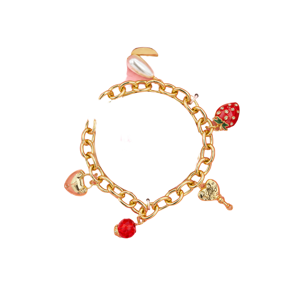 Juicy Couture Gold Charm Bracelet with Red Strawberry Pearl Heart Key Charms 1