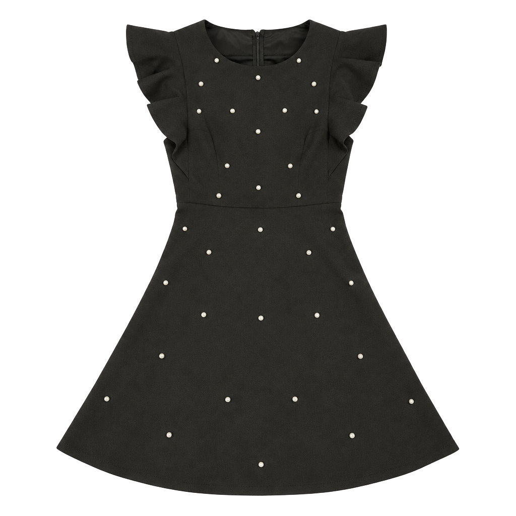 Midnight Doll Flutter Sleeve Pearl Dress Size M Black 1