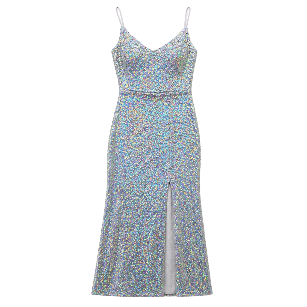 Jump Apparel Silver Iridescent Sequin Lace-Up Back Mermaid Prom Dress NWT 1