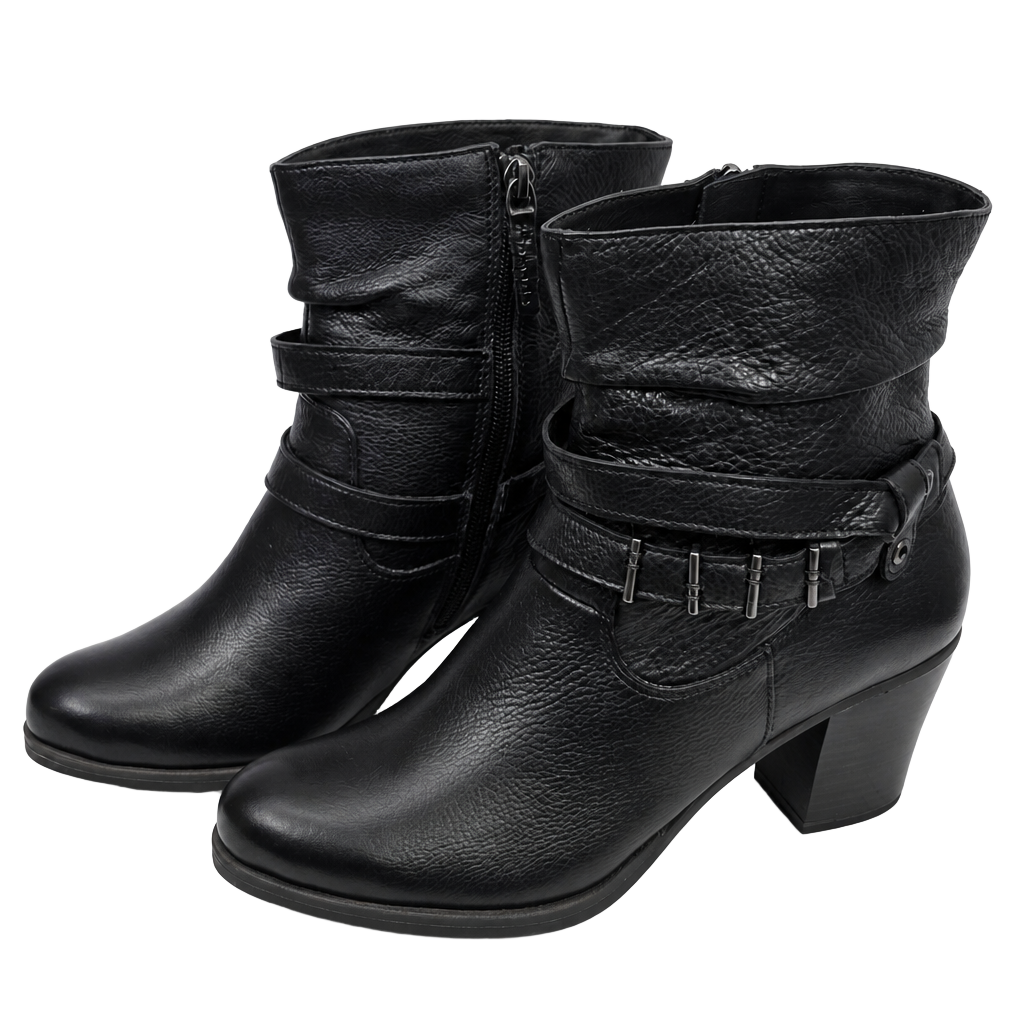 Tamaris Black Leather Ankle Boots with Straps and Block Heel 1