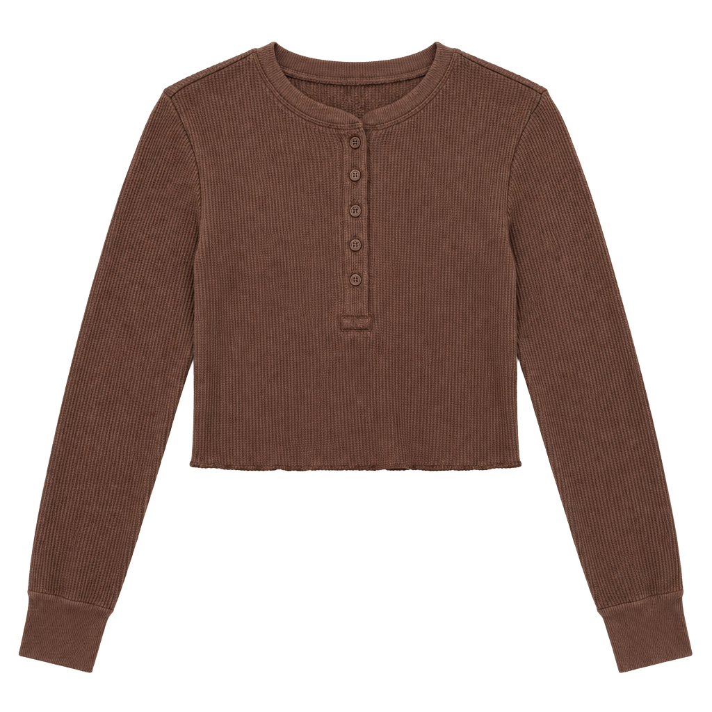 SKIMS Waffle Thermal Henley Size L Brown Long Sleeve Crop Top 1