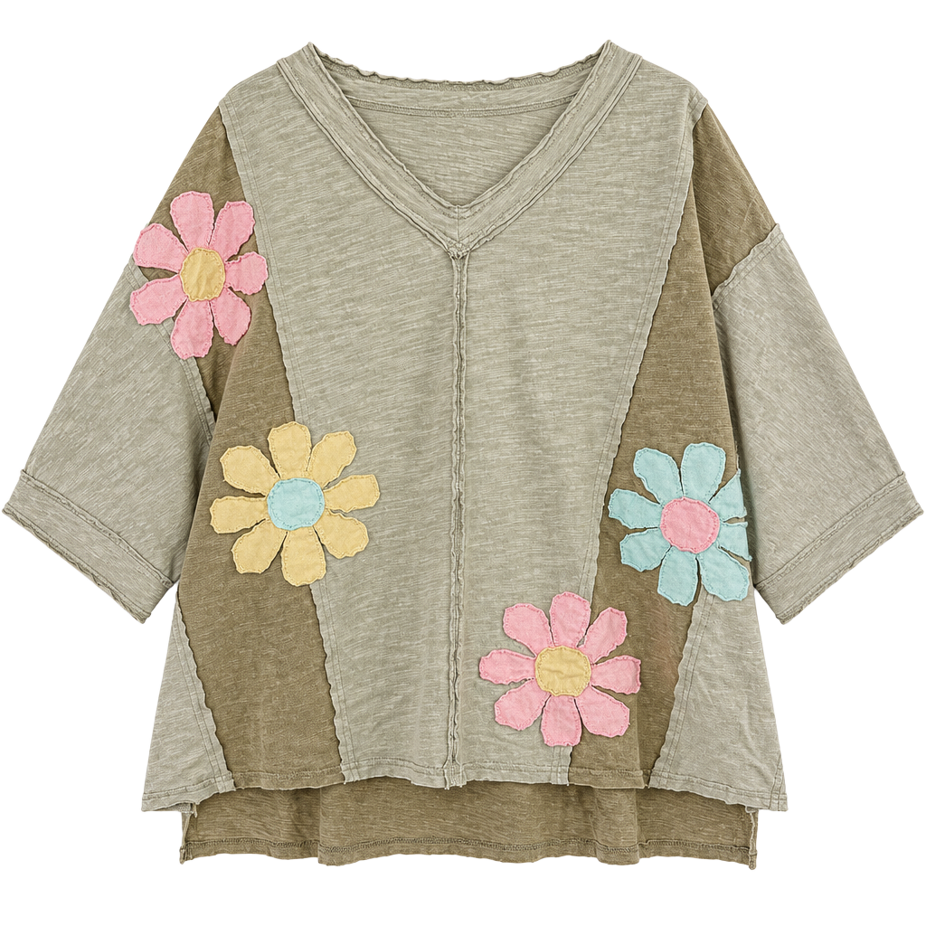 Easel Los Angeles Floral Applique Top Size M Olive Green T-Shirt 1
