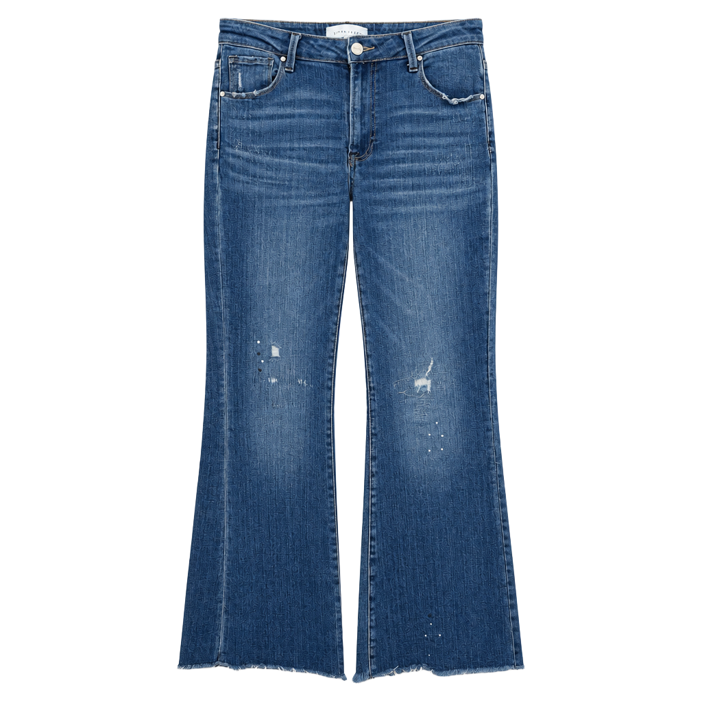 Risen Jeans Flare Distressed Denim Size 11/30 Blue Raw Hem 1