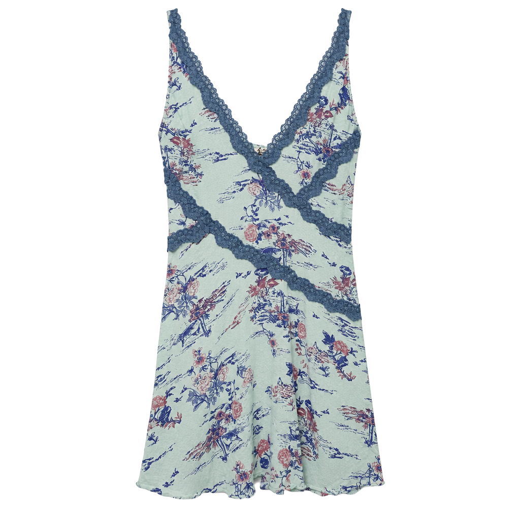Free People Camisole Dress Size XS Floral Lace Trim Blue 1