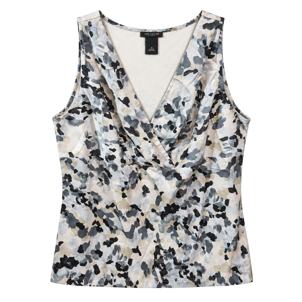 Ann Taylor Sleeveless Faux-Wrap Blouse with Abstract Blurred Print 1
