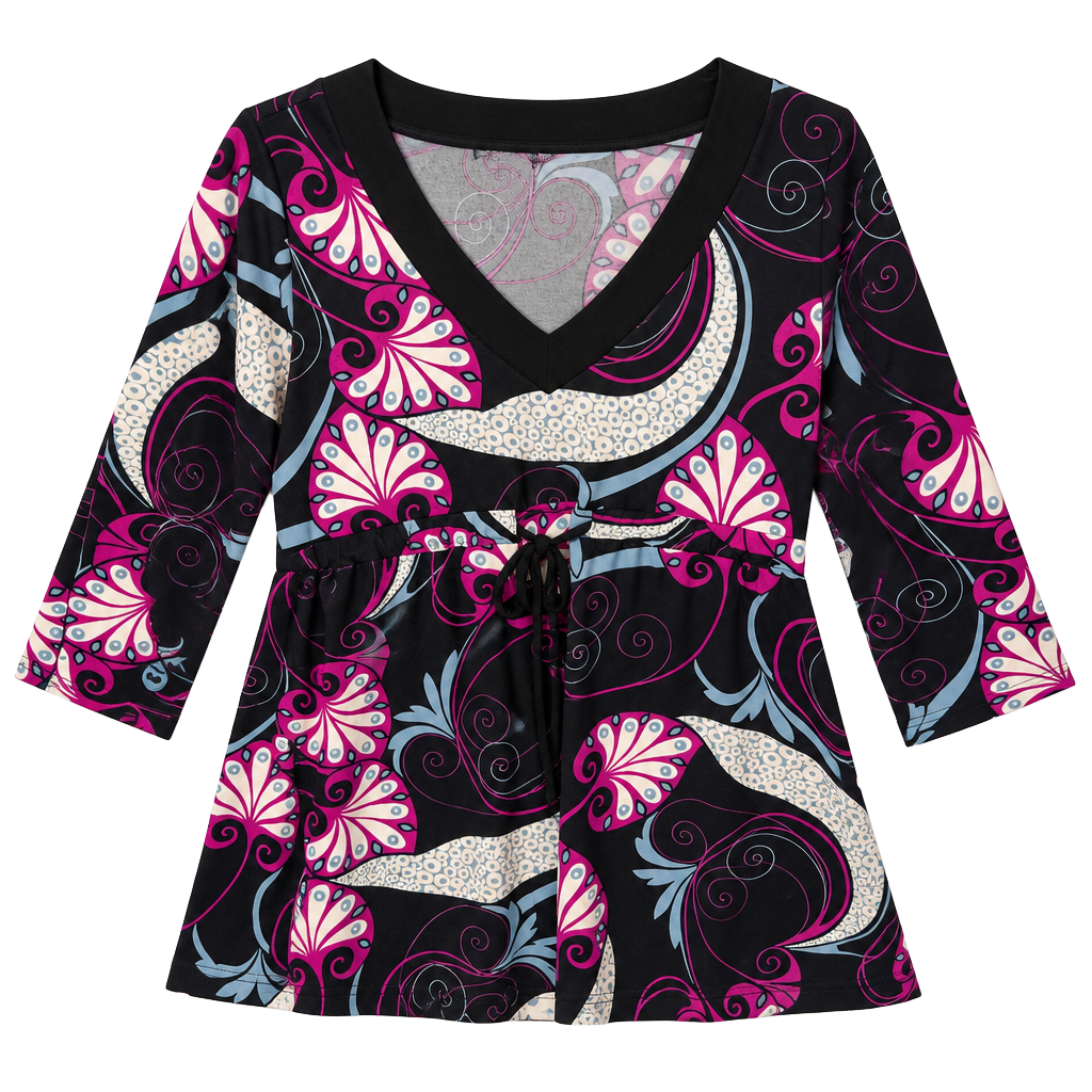 Sujic Couture Top Size M Black Pink Blue Paisley 3/4 Sleeve 1