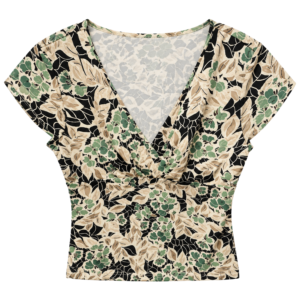 Geoffrey Beene Sport Floral V-Neck Blouse Size L Green Black Nylon 1