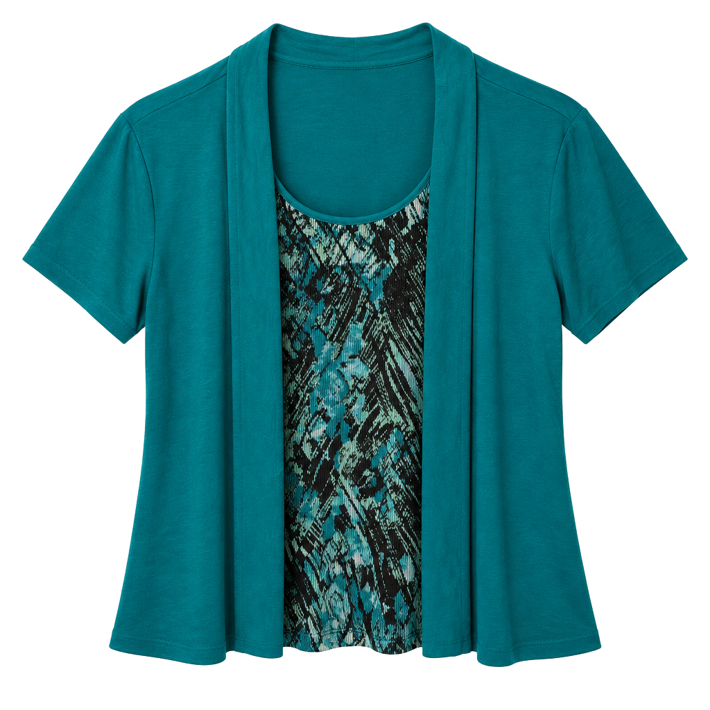 Elementz Layered Top Size XL Teal Blue Black Pattern Short Sleeve 1