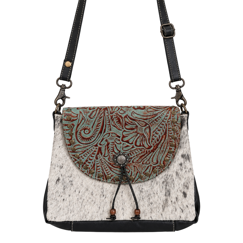 Myra Western Cowhide Leather Crossbody Bag Turquoise Tooled Flap 1