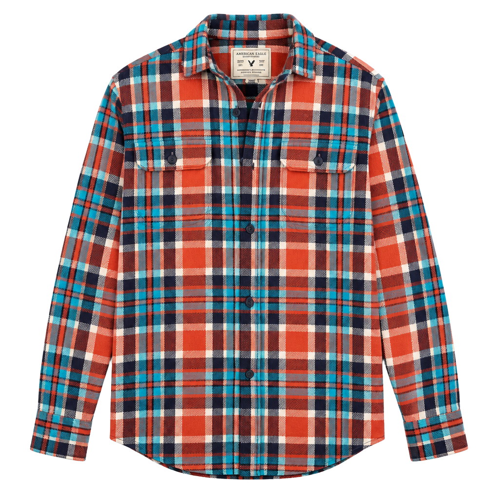 American Eagle Plaid Flannel Shirt Orange Blue 1