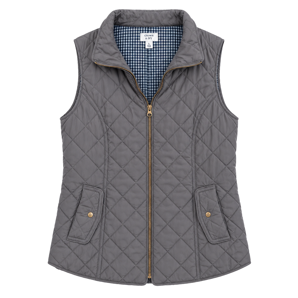 Crown & Ivy Quilted Vest Size L Gray Blue Gingham 1