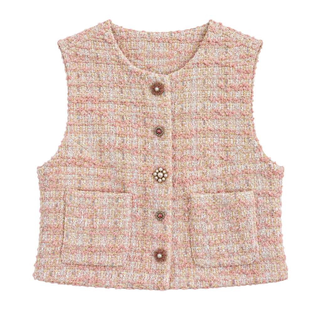 MABLE Tweed Vest Size S Pink Pearl Buttons 1
