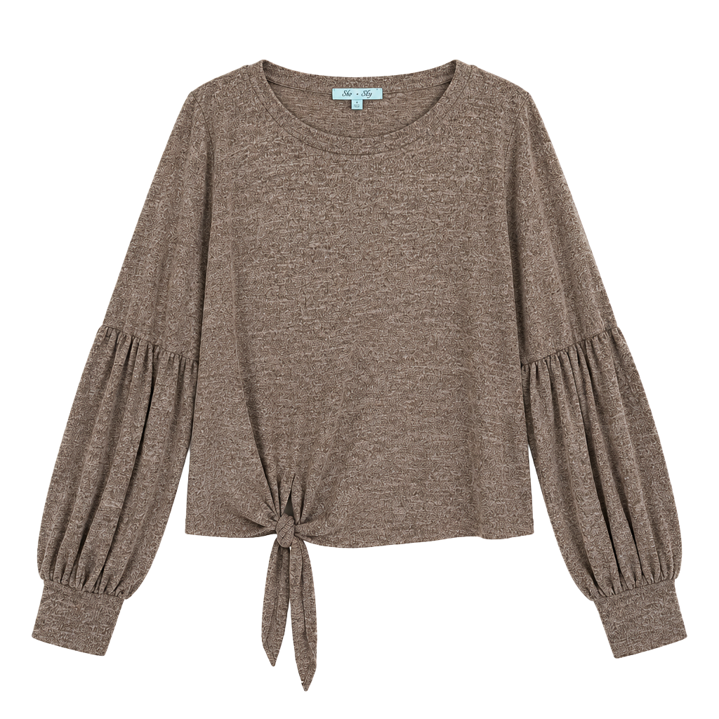 She + Sky Sweater Size L Brown Long Bishop Sleeve Tie Front Top 1