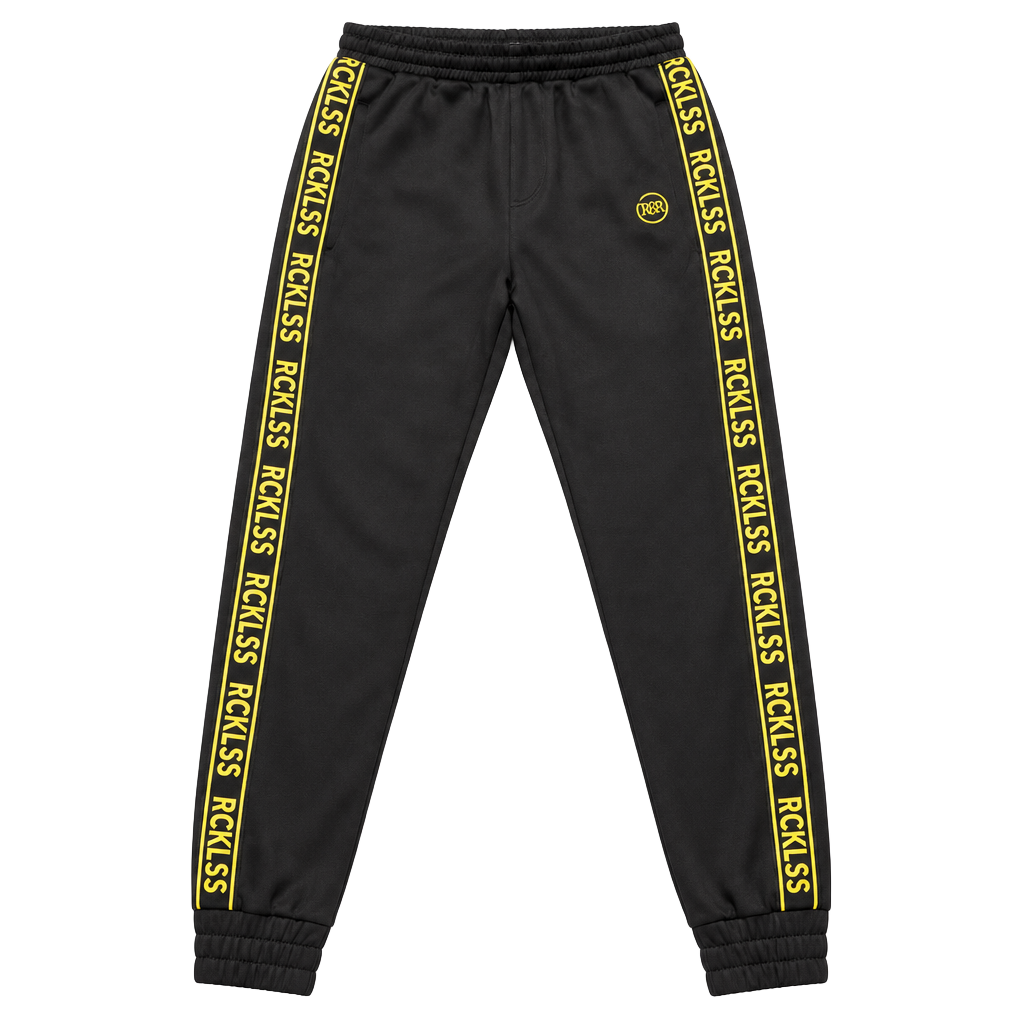 Young & Reckless Track Pants Size L Black Yellow Side Tape Logo 1