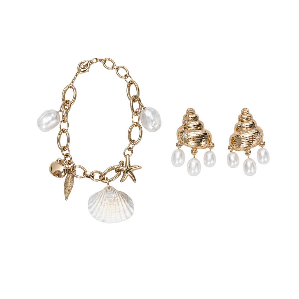A New Day Gold Tone Seashell and Faux Pearl Bracelet and Earring Set 1