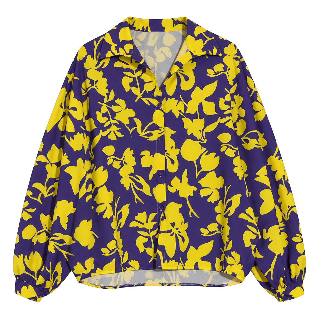 PQ Purple and Yellow Floral Button Down Batwing Sleeve Blouse Size S 1